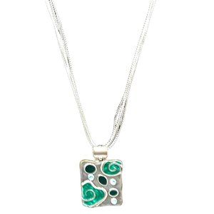 Silver and Green Enamel Rectangle Pendant Necklace Rhinestone Metal Jewelry